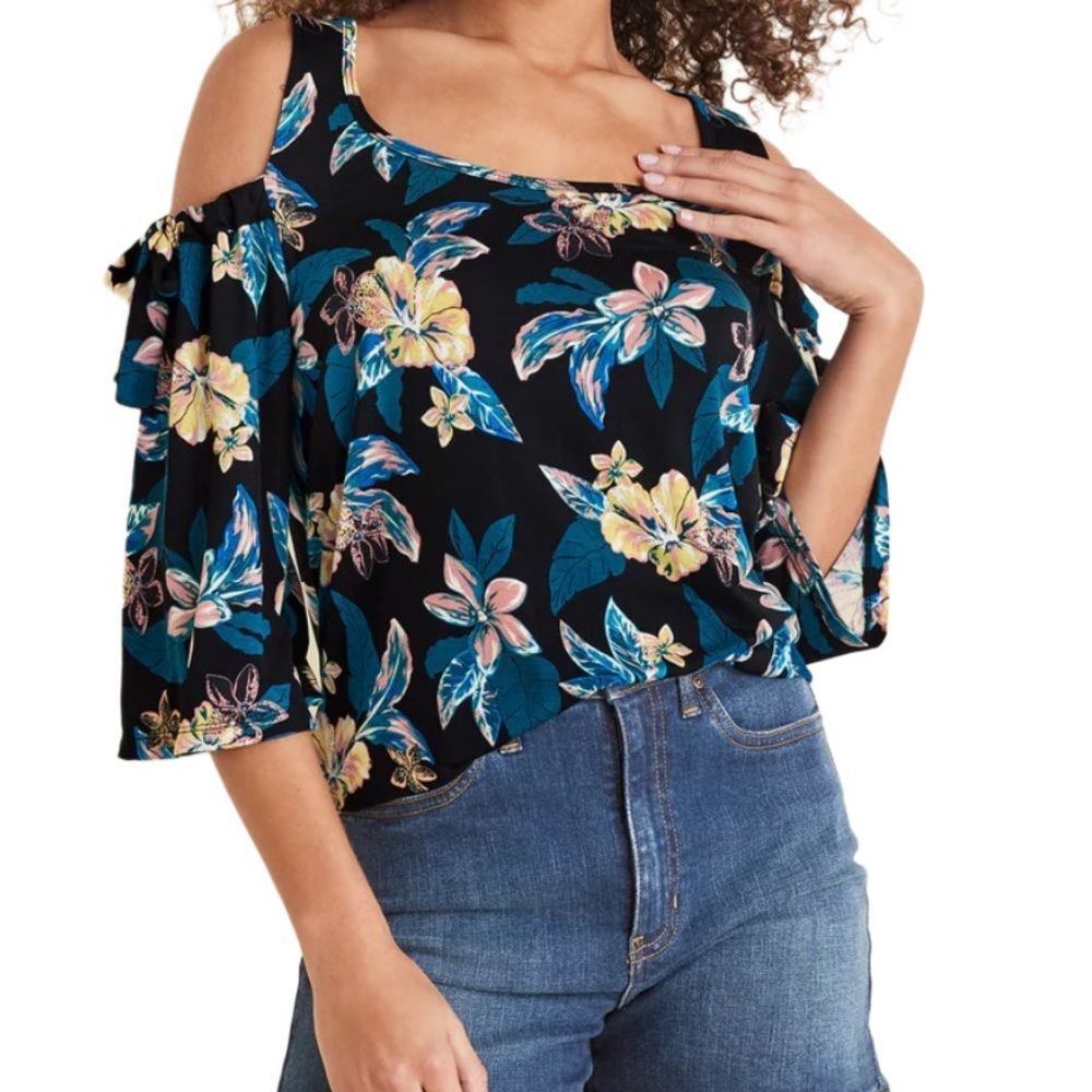 NWT Venus Lascana Black Floral Cold Shoulder Top Size M - Picture 3 of 6